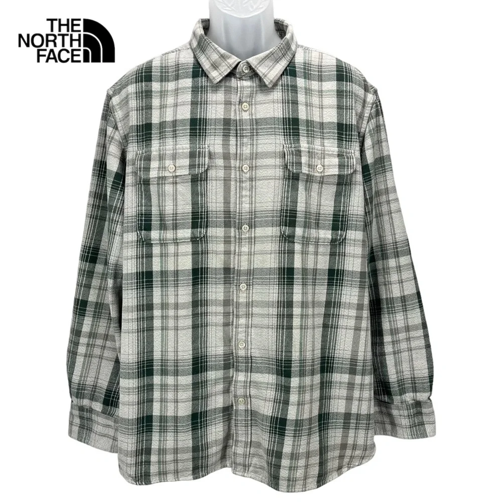The North‎ Face Men’s XXL Gray & Green Flannel Long Sleeve Button Up Shirt